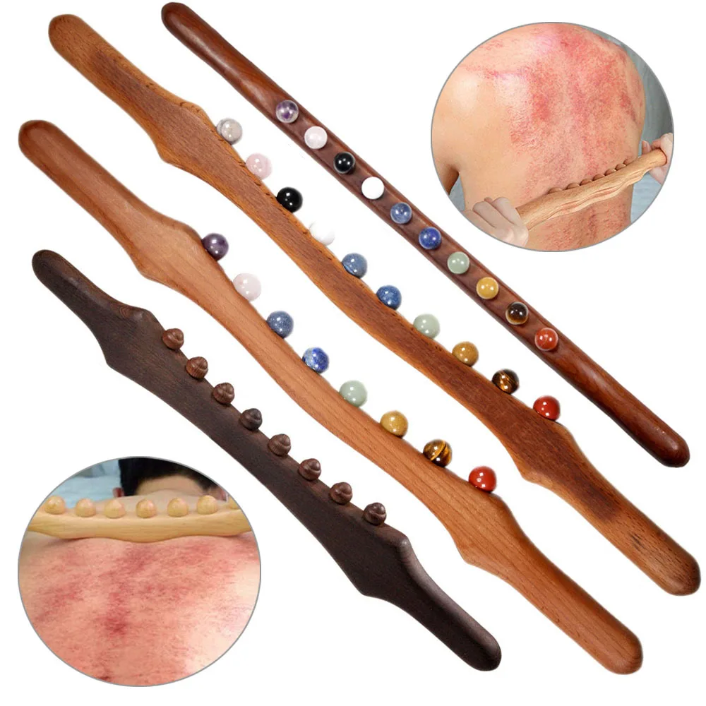 Wooden Gua Sha Massage Stick Jade Stone Beads Massage Roller Trigger Point Massage Tools Muscle Release Back Neck Body Scraping