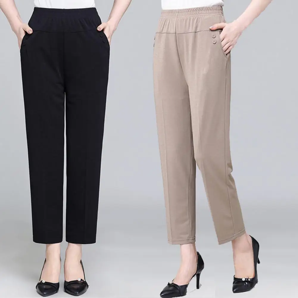 Ice Silk Thin Women Pants Elastic High Waist Office Lady Straight Wide Leg Trousers Simple Casual Loose Long Work Pants Slacks