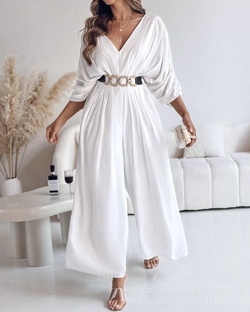 

Elegant Long Pants Jumpsuits Short Sleeve V-neck Slim Fits High Waist Streetwear Jumpsuits Collared Pleated Wide-Leg Jumpsuit