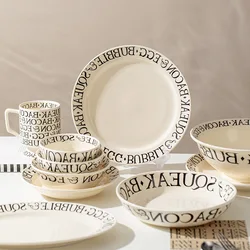 Household simple ins style ceramic tableware black letter dinner plate high leg mug salad bowl microwave oven available