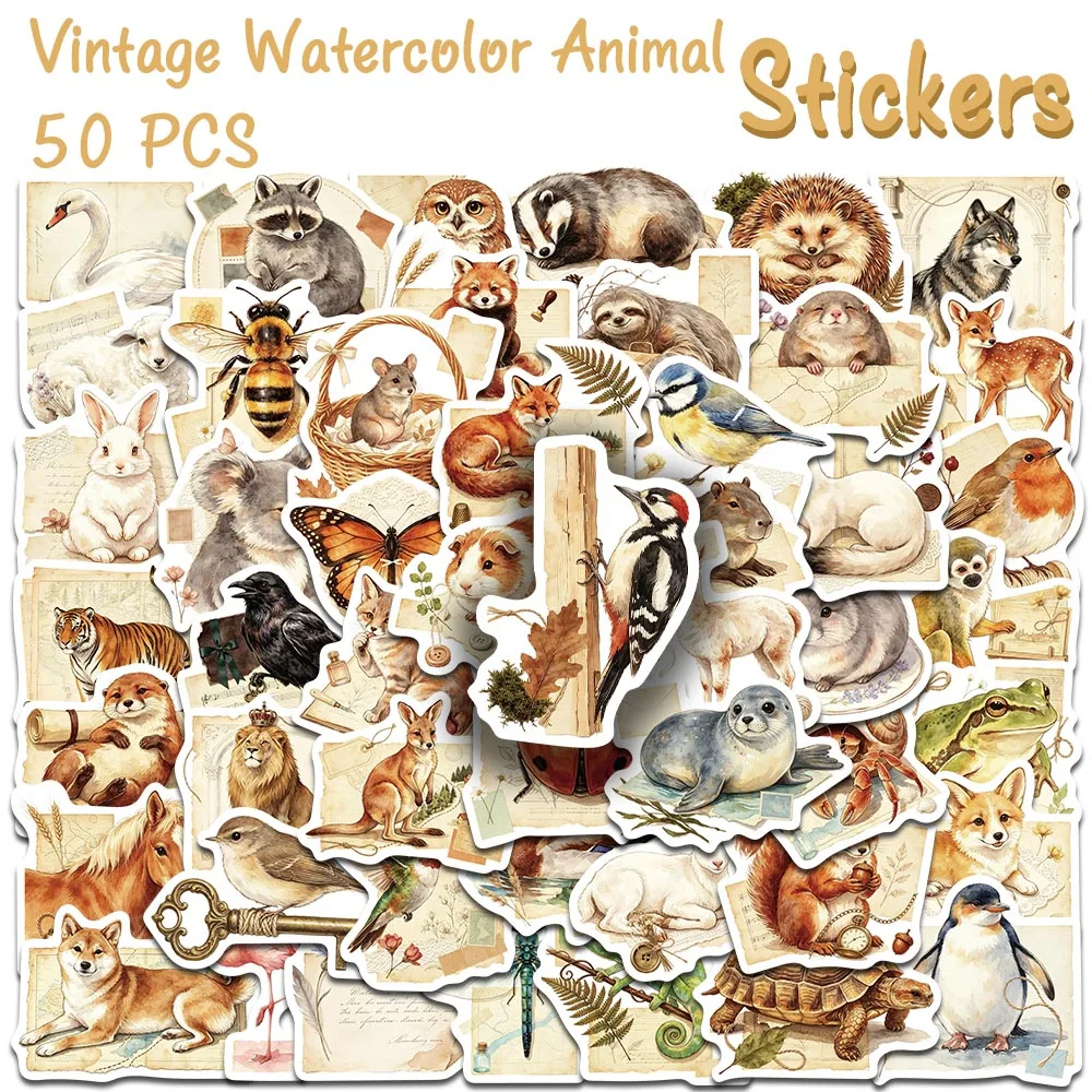 50pcs Vintage Forest Animal Stickers Watercolor Fox Raccoon Owl Sloth Decals for Phone Case Laptop Envelope Label Magazine & DIY