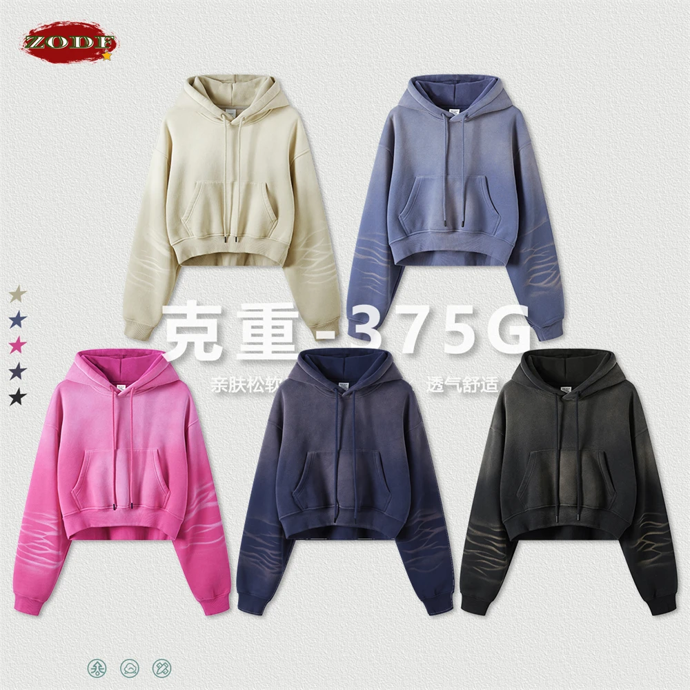 ZODF Women New Monkey Washed 375gsm Crop Hoodies For Female Girls Rereo Loose Warm Fleece Hooded Pullovers Streetwears HY0686