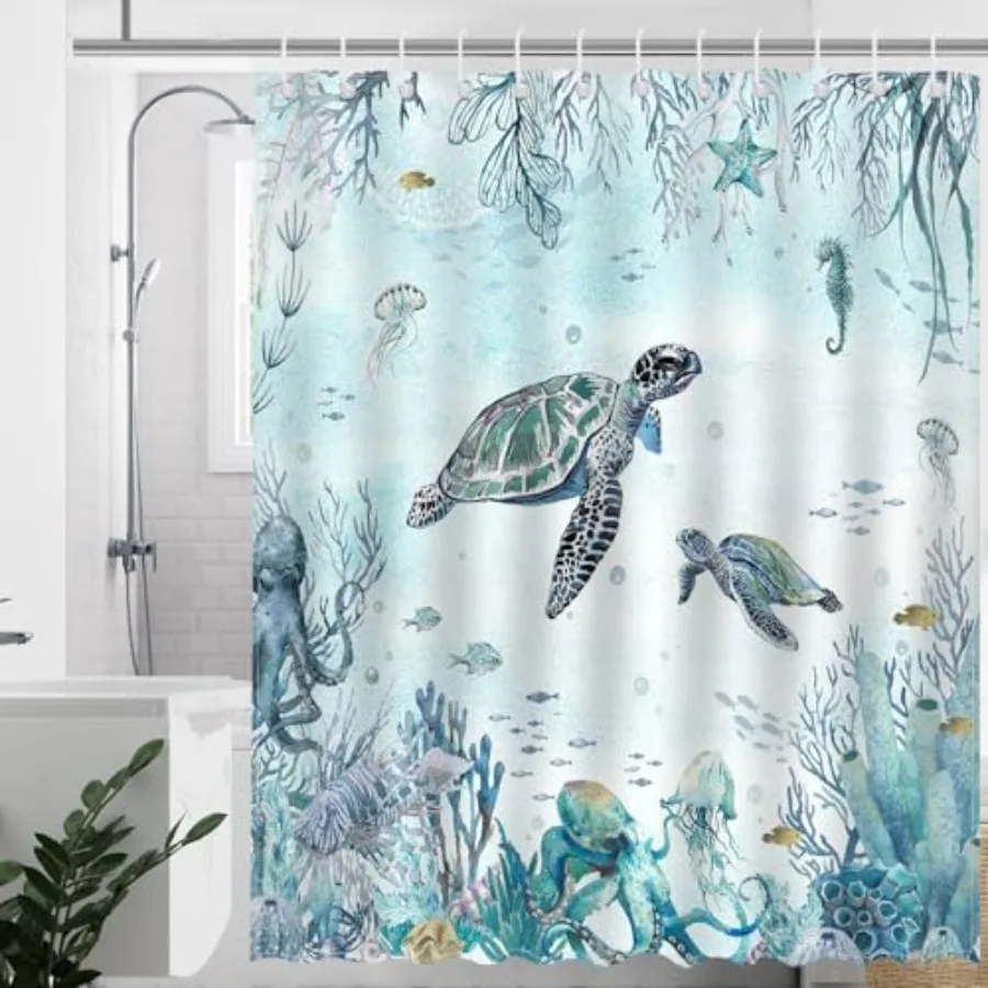 

Sea Turtle Shower Curtain Teal Blue Ocean Beach Coastal Turtles Octop Bathroom Shower Curtain Underwater Waterproof Fabric Bath