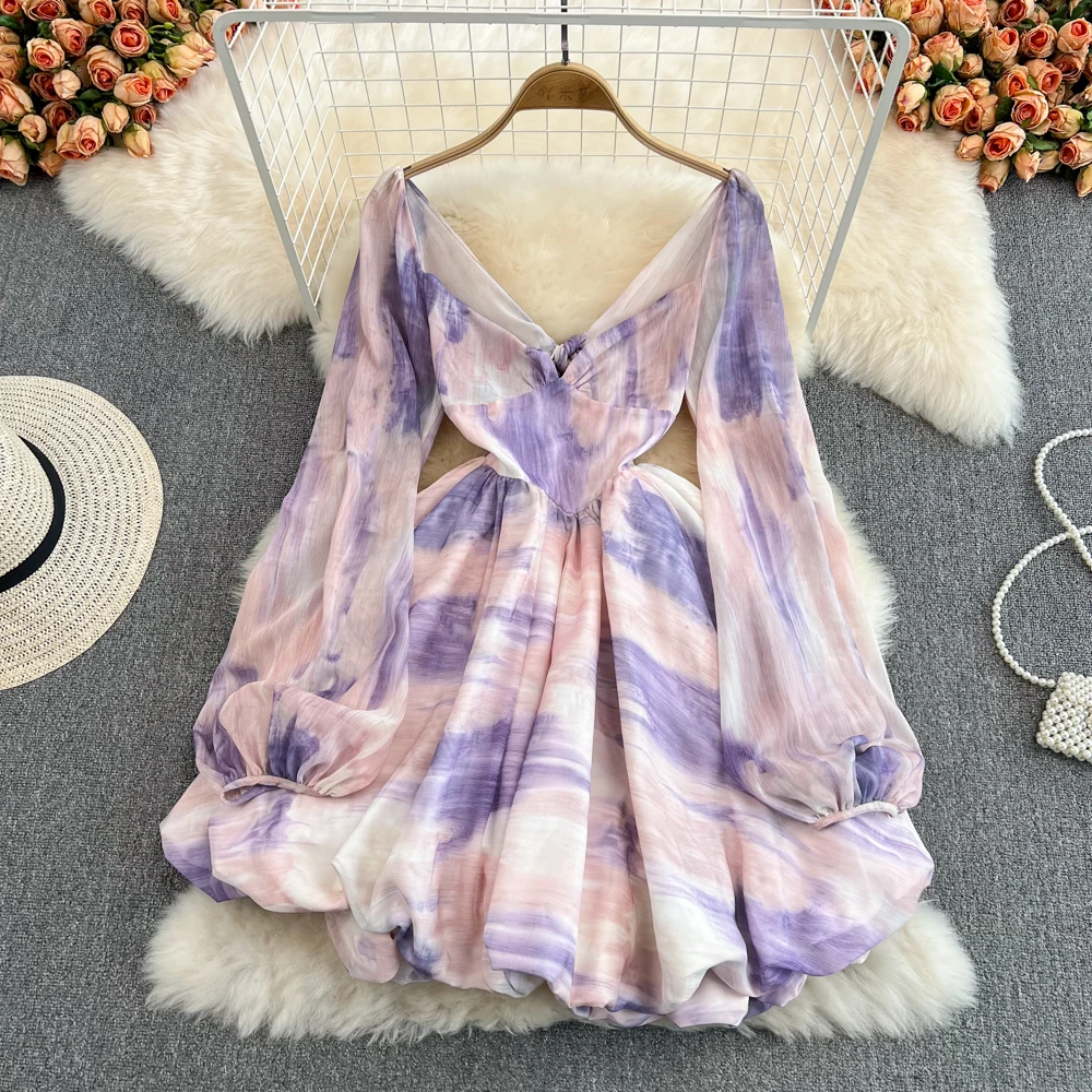 

Women Purple Mini Dresses Tie-dye Full Lantern Sleeve V-neck Slim Ball Gown Female Vacation Backless A-line Short Party Vestidos