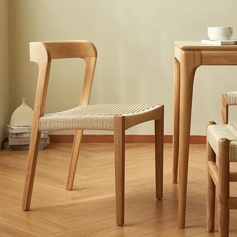 

French Retro Solid Wood Dining Chair Designer Home Restaurant B&B Wabi-sabi Style Rattan Backrest Medieval Rope Chair