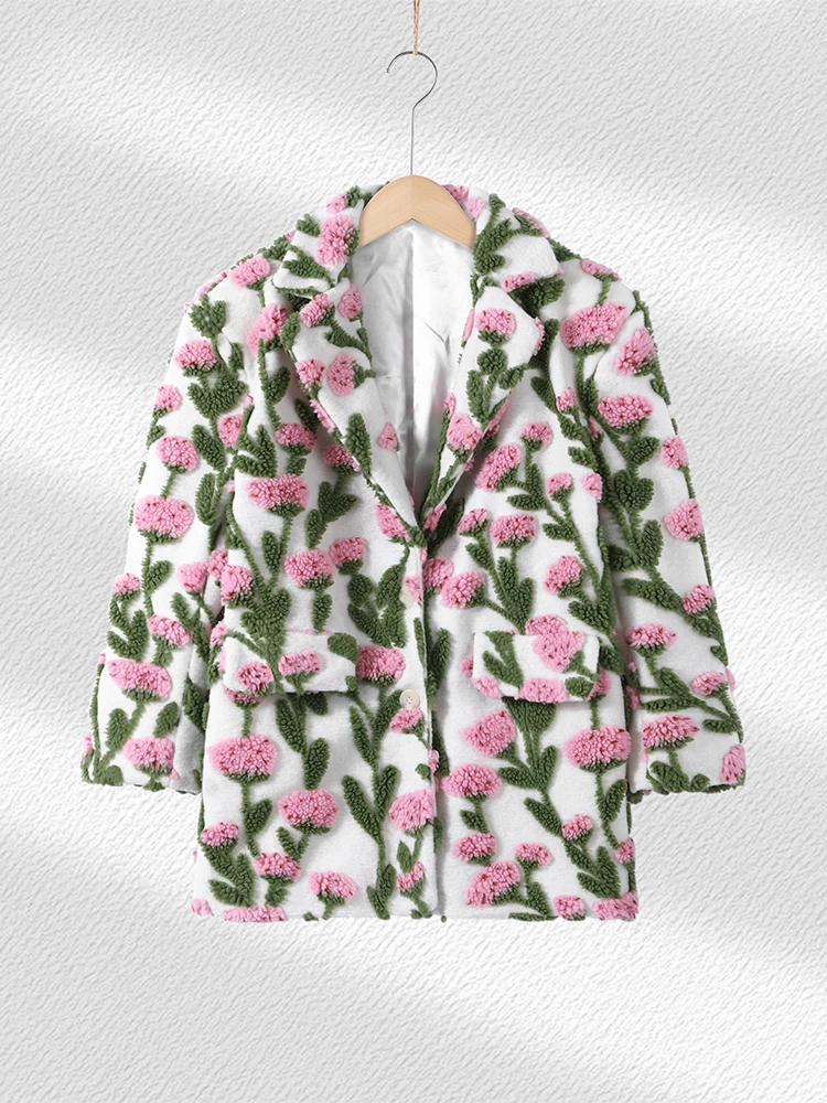 

Женская флисовая куртка с цветочным принтом ягненка, свободные однобортные повседневные пальто с лацканами и длинными рукавами, уникальные уличные женские куртки ранней осени