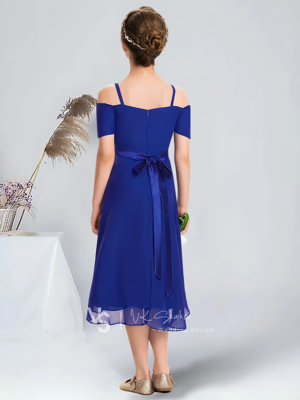 A-line Off the Shoulder Asymmetrical Charmeuse Chiffon Junior Bridesmaid Dress With Beading Bow Exquisite Flower Girl Dress