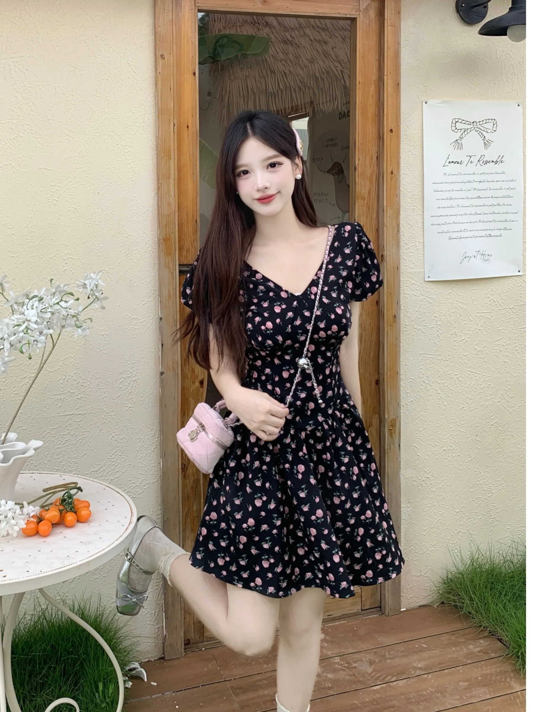 

plus Size Women's Vintage Floral Print V-Ne Knot Dr ort Waist-Cinching Skirt Korean Sle Bubble Sve Dr