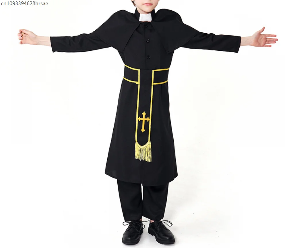 

Halloween Kids Medieval Missionary Robe Cosplay for Father Children Priest Costume with Belt Easter Purim