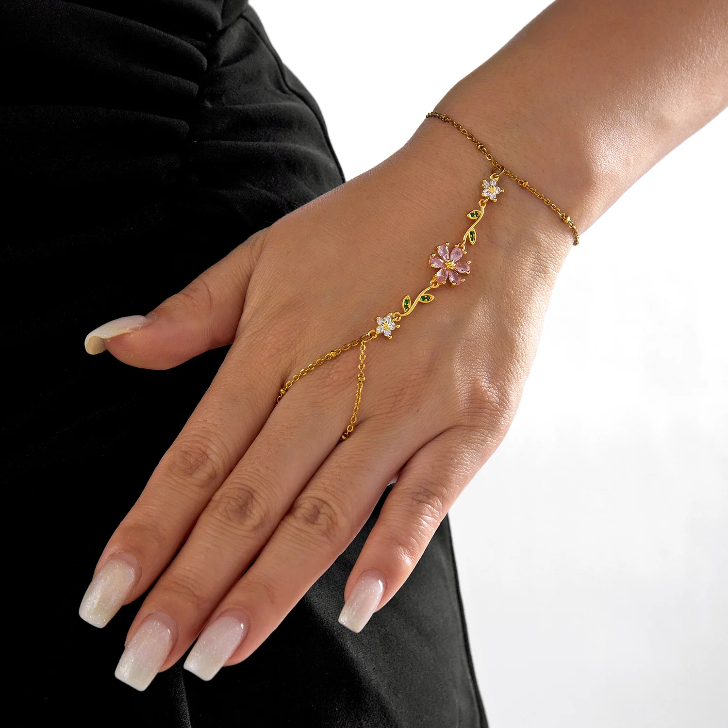 Rosa Zirkonia Edelstahl Fingerkette Armband für Damen, vergoldet, CZ Blumen Handkette, Party Hochzeit Schmuck Geschenk – Detail 6