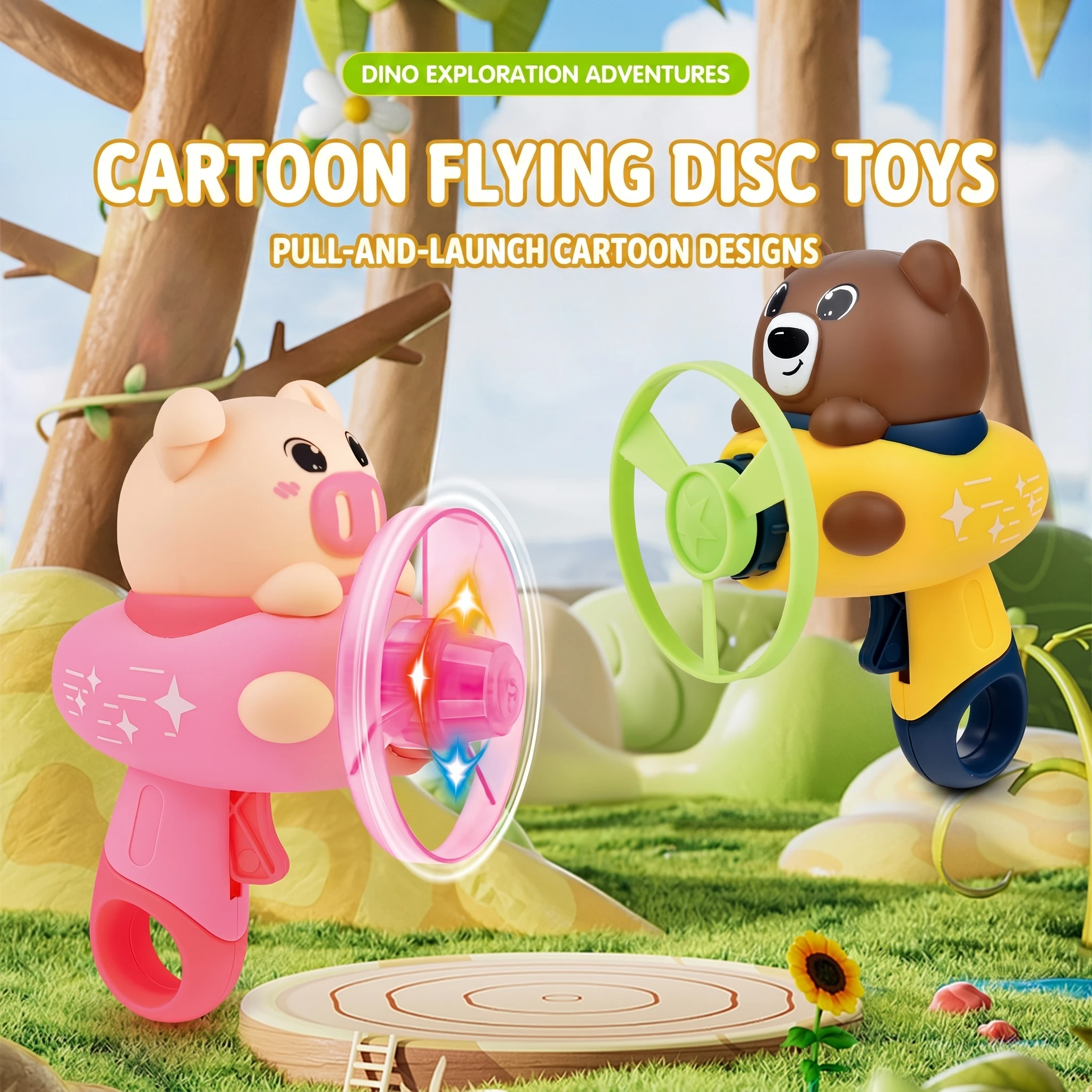 Kids Flying Saucer Launcher Outdoor Pistol Spinning Top Cartoon Animals Saucer Pet Gun Toys Chasing Games Luminous Gyroscope