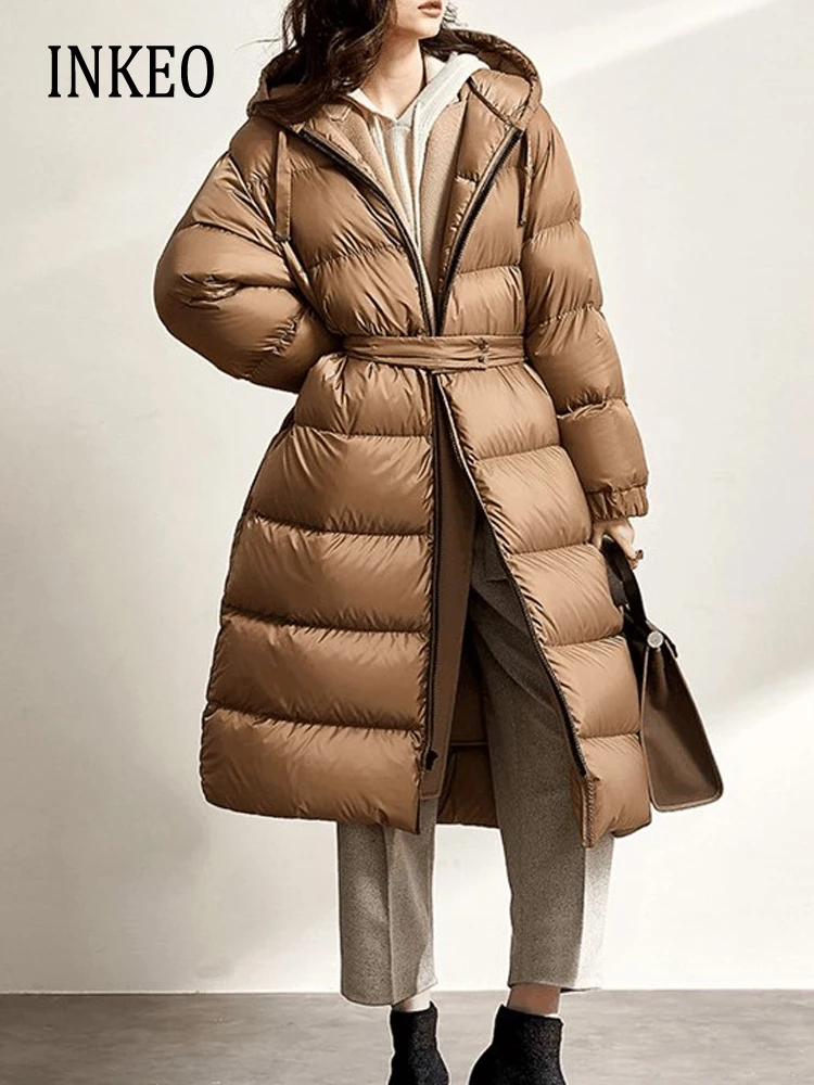 Luxury champagne color Long down jacket Warm 2024 Winter Elegant Hooded zipper puffer coat Fluffy With belt Clothes INKEO 3O316