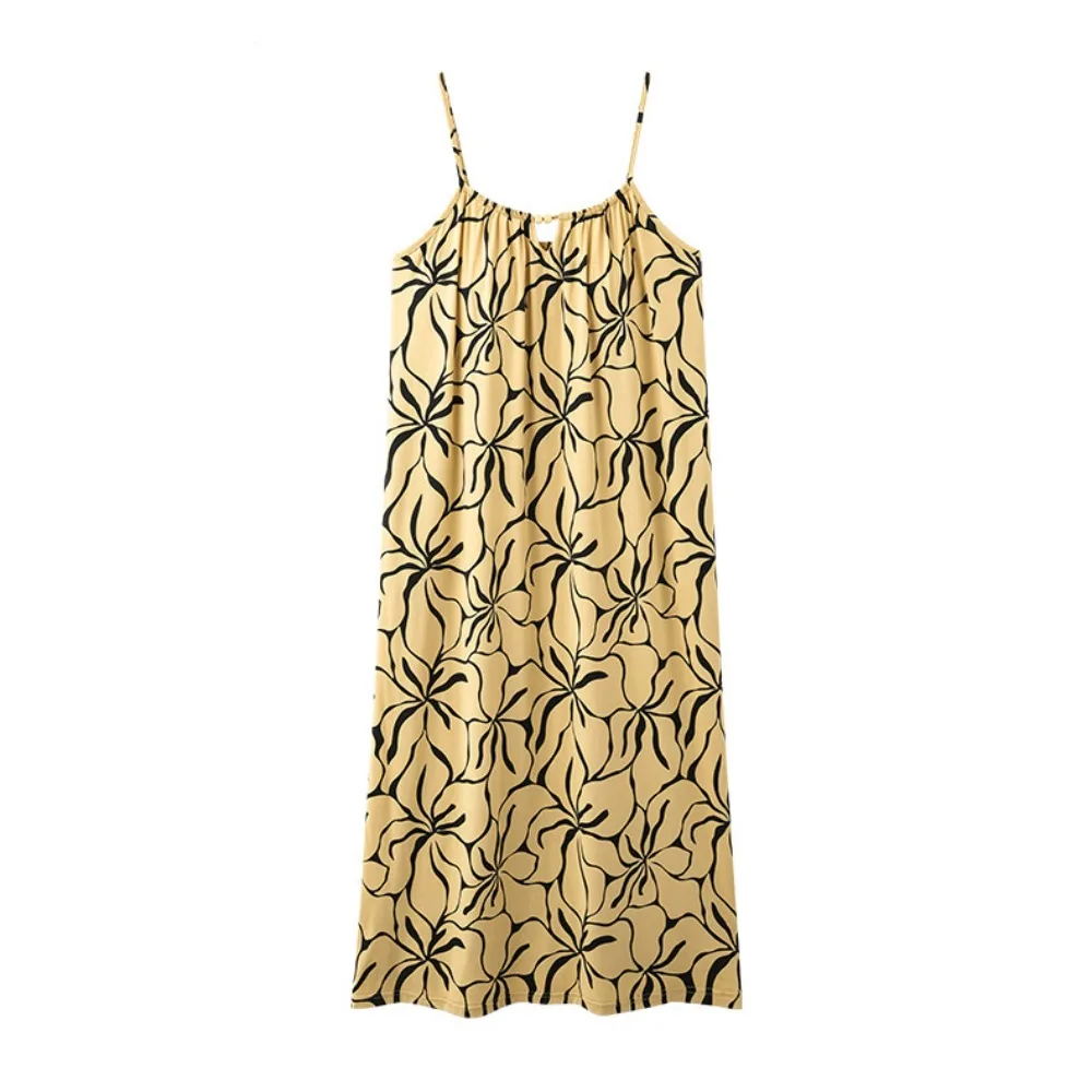 

High Waist Modal Women's Pajama Dress Flower Sleeveless Suspender Nightdress Ruffle Homewear Sling Nightgown with Pads Summer