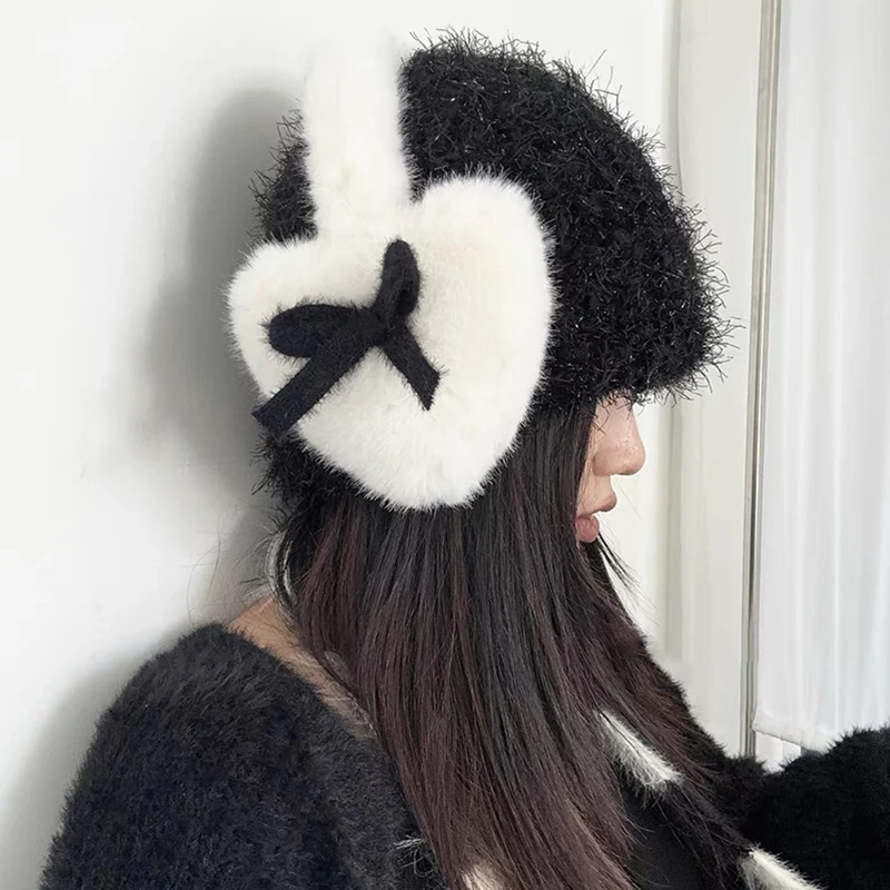 Orejeras con nudo de lazo para mujer, tapones para los oídos de felpa gruesa, esponjosos, Kawaii, corazón, protección contra el frío, japonés, JK,