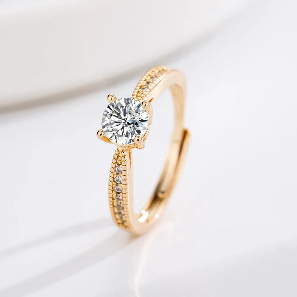 

18K Champagne Gold Plated 4-Prong Ring - Full CZ Diamond Bling Statement Jewelry for Women, Elegant Gift Box Included