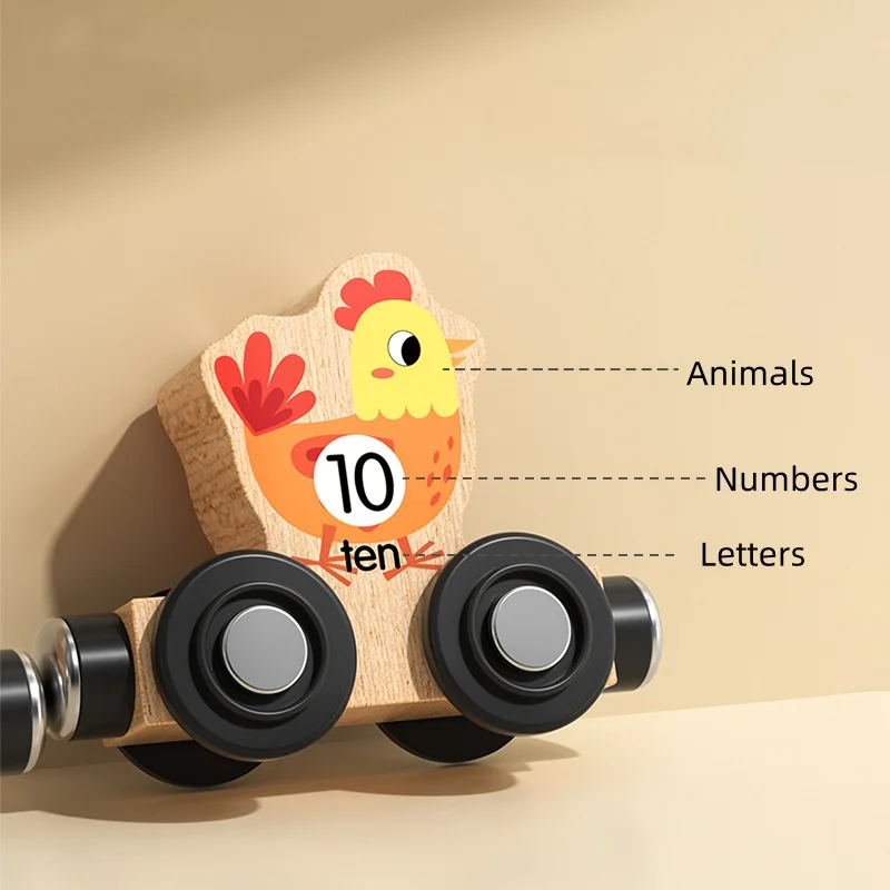 Wooden Train Toys for Toddler, Animal Number Letter Cognitive Games,Magnetic Train with Wooden Tracks, Boys & Girls Gifts