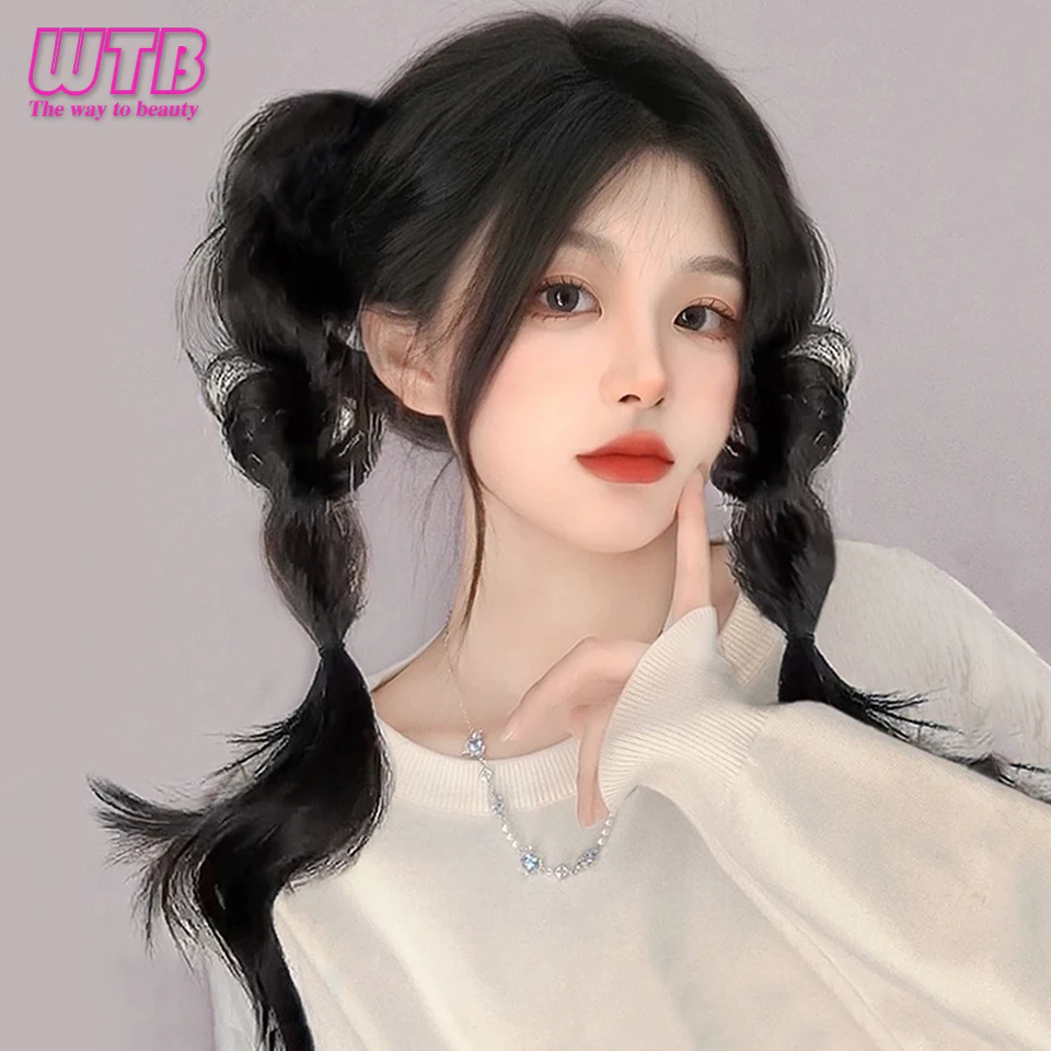 WTB Synthetic Bubble Braid Double Ponytail Fuffy Imitation Fried Dough Twists Braid Ponytail Wig For Women