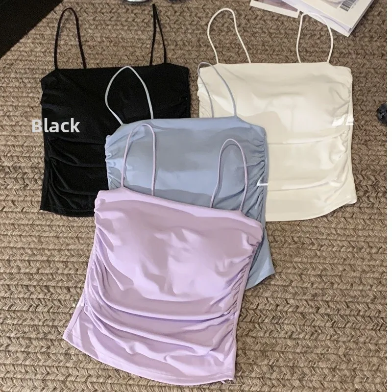 퓨어 디자이어 섹시 얇은 패드 여성용 탱크탑 여름 얇은 플리츠 슬리밍 슬림핏 아우터웨어 출퇴근용 슬리브트 길이