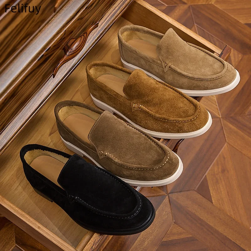 Brown Retro Genuine Leather Low Top Slip-On Soft Loafers Unisex Casual Shoes Comfortable Flat Bottom Footwear for Men Daily Wear