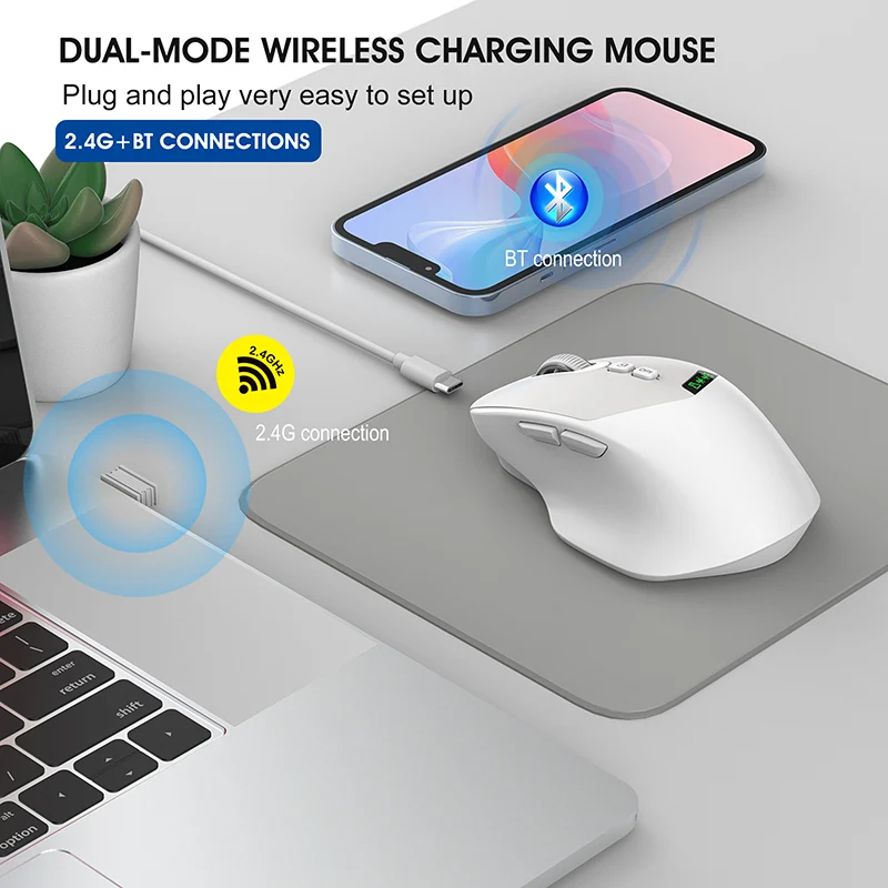 Souris sans fil Bluetooth double Mode muette T02, avec écran d'affichage, clic silencieux, Windows/Mac/IOS/Android