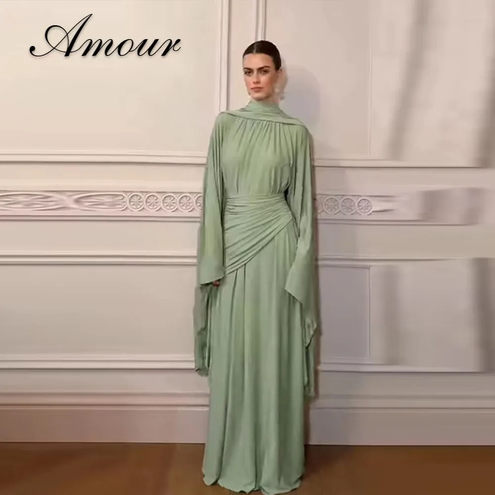 Amour Chiffon-Abendkleid mit hohem Kragen und langen Ärmeln, elegante Ballkleider, bodenlang, A-Linie, formelle Partykleidung, individuell gestaltet