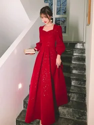 Elegant Red Sequins Midi Dress Women Vintage V-neck Formal Occasions Evening Party Dresses Fashion Chic Design New In Dresses