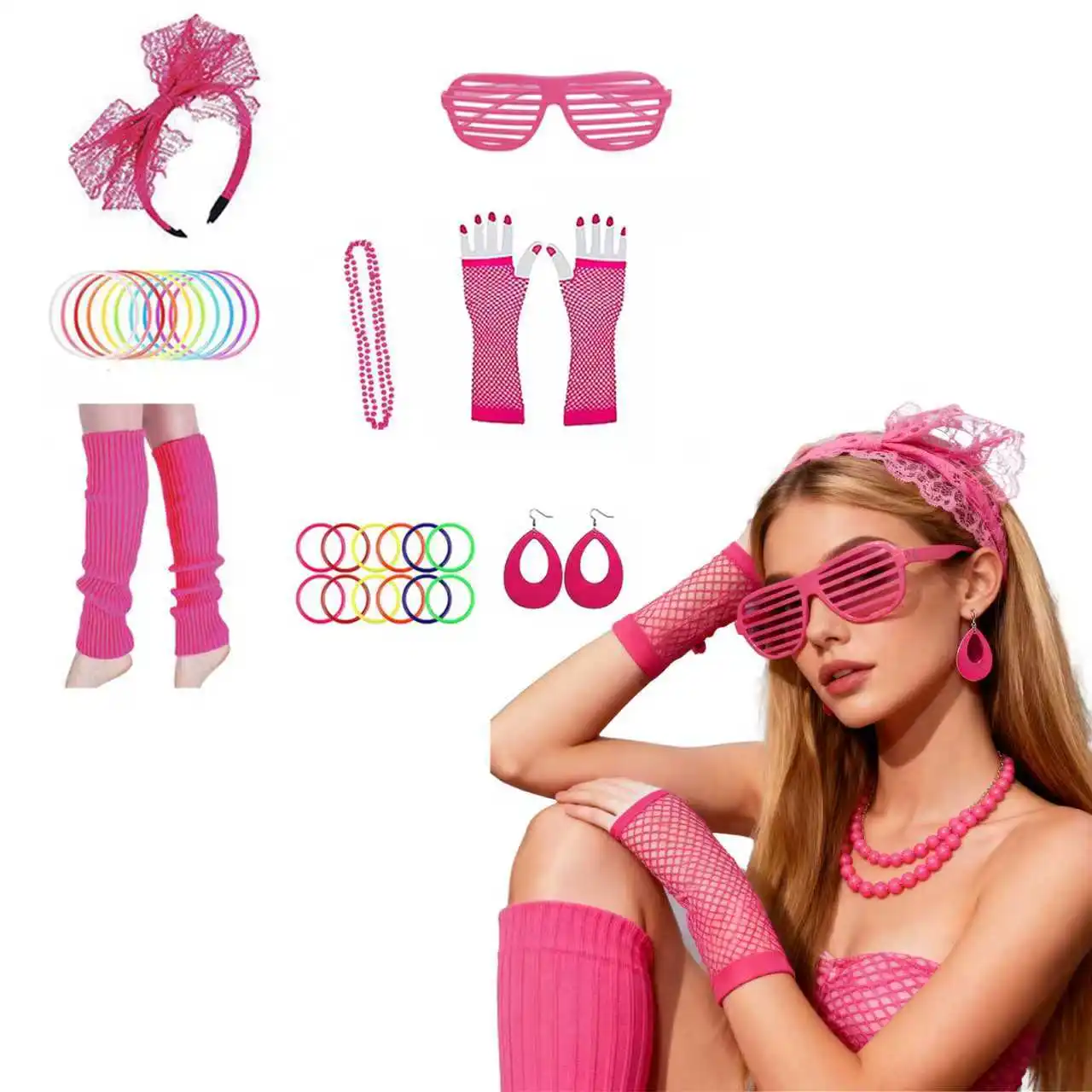 

PESENAR 80s Costume Accessories Set Neon Retro 80s Fanny Pack Hairband Fishnet Gloves Bracelet Earrings Necklace Socks