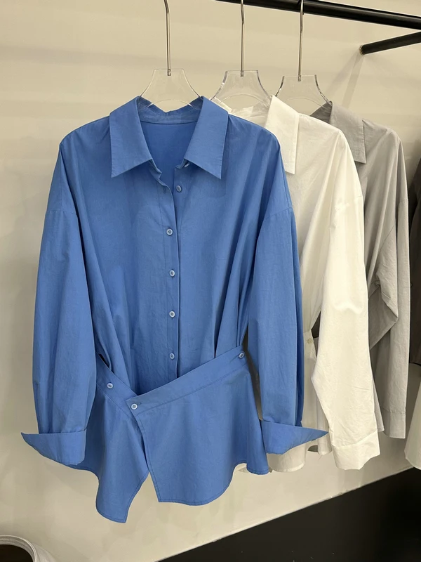 

Женская повседневная свободная рубашка из смесового шелка с асимметричным подолом, завязками на талии, длинными рукавами и воротником-стойкой, весна-лето