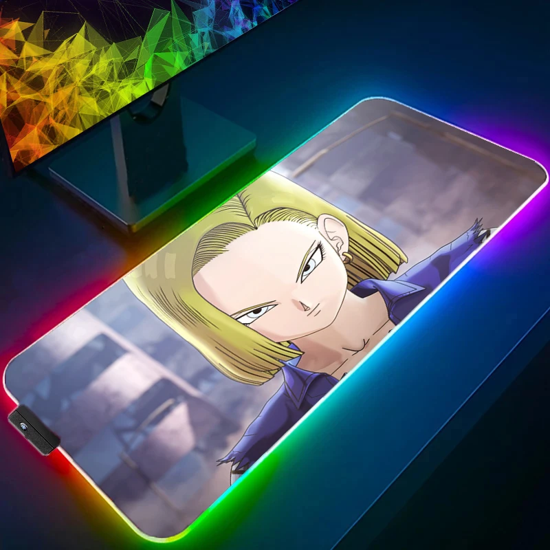 

Dragon Ball Android 18 RGB Mouse Pad Lockedge Backlight Gaming Accessories Computer Gamer Keyboard LED Mouse Mat Desk Mousepad
