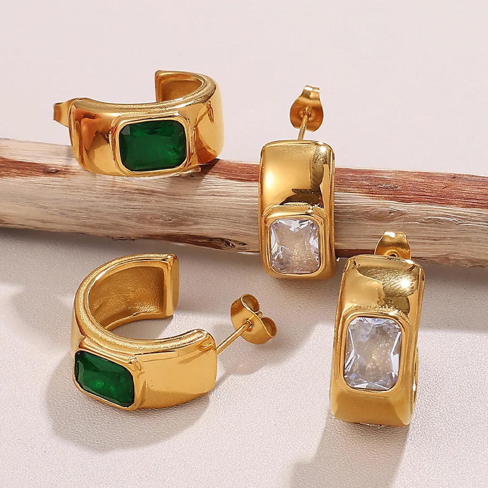 

Vintage C-Shaped Inlaid Green And White Zircon Earrings Stainless Steel New Fashion Women'S Jewelry Gift