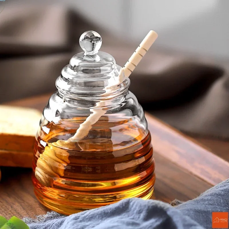 Glass Honey Jar Glass Honeycomb Tank Kitchen Tools Honey Storage Container with Dipper and Lid Honey Bottle for Party Kitchen