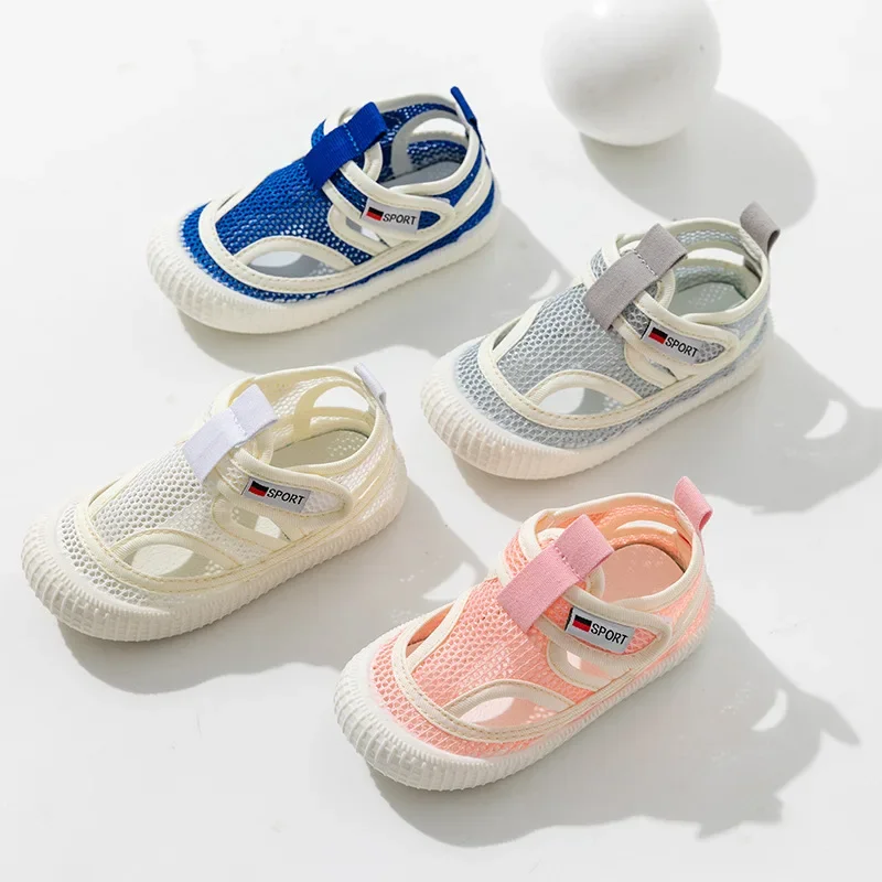 Meia-sandália respirável infantil, sapatos de malha aérea, recortados, macio, anti-pontapé, moda, meninos, meninas, crianças, primavera, verão, novo, 2024