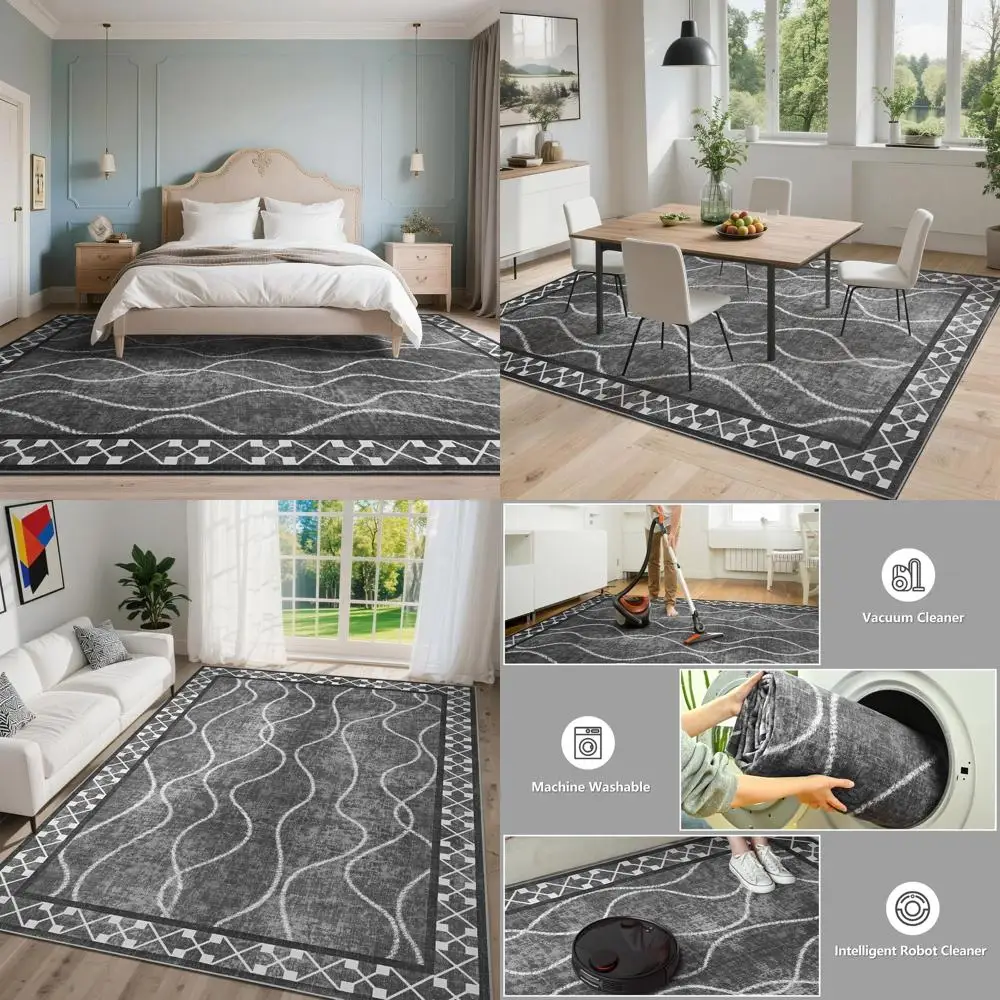 

5x7 Machine Washable Bordered Rugs for Living Room, Luxury Low Pile Non-Slip Rubber Backing Carpets for Dining & Kitchen, Black/