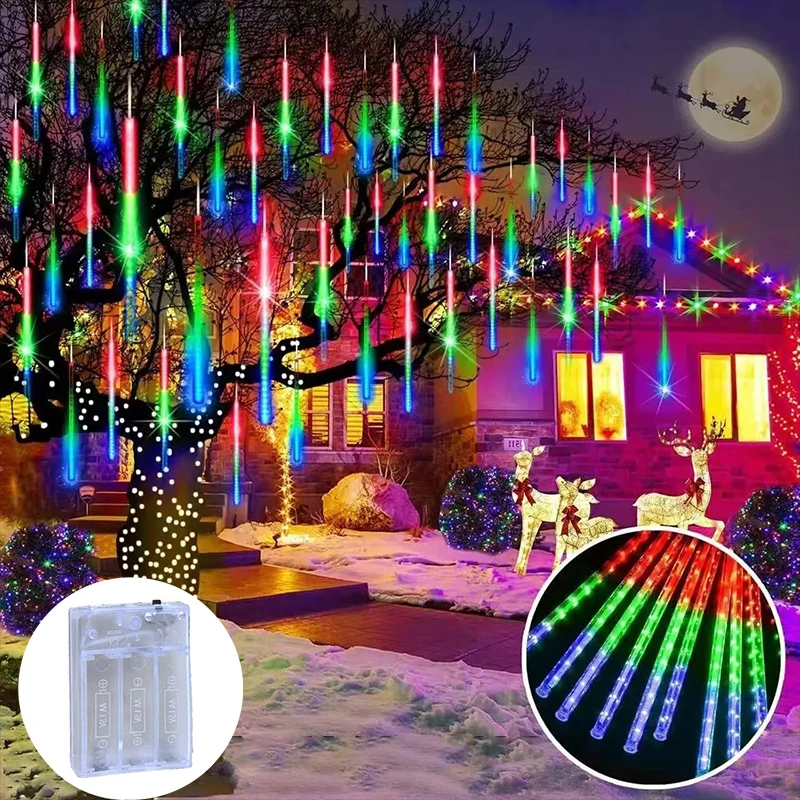 LED Meteor Shower String Lights AA Battery Powered Christmas Street Light Decor House Eave Indoor Wedding Scene Party Garden