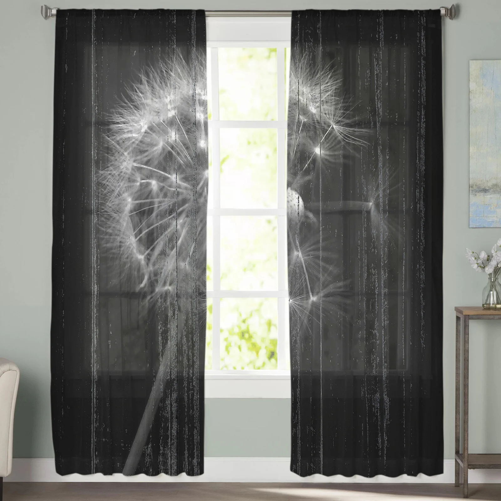 Black Background with Dandelion Wood Grain Sheer Curtains Window Curtains for Living Room Bedroom Blinds Kids Room Home Decor