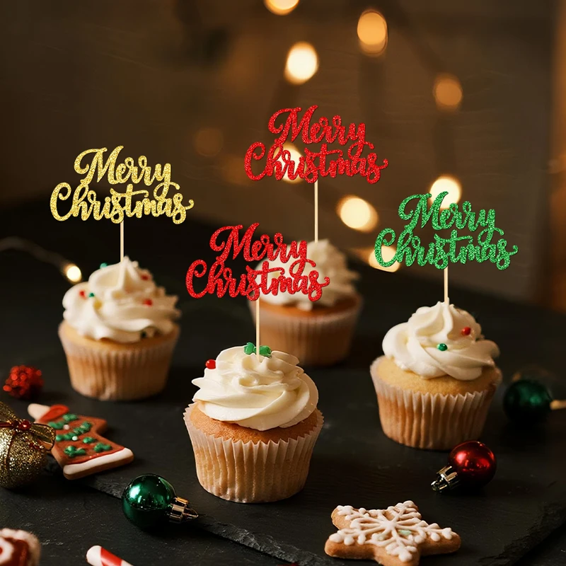 YOMDID 24 Stück Frohe Weihnachten Cupcake Topper für Weihnachten Kuchen Topper Picks Weihnachten Neujahr Kuchen Dekorationen Party Supplies – Detail 9