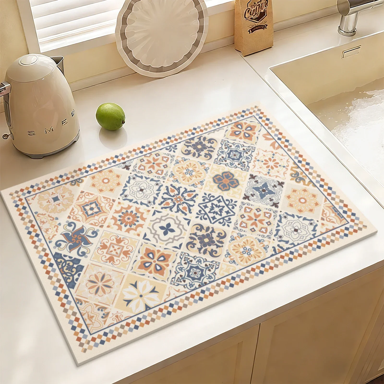 Vintage Tile Pattern Absorbent Mat Super Water Absorbent Kitchen Sink Rug Non Slip Easy Clean