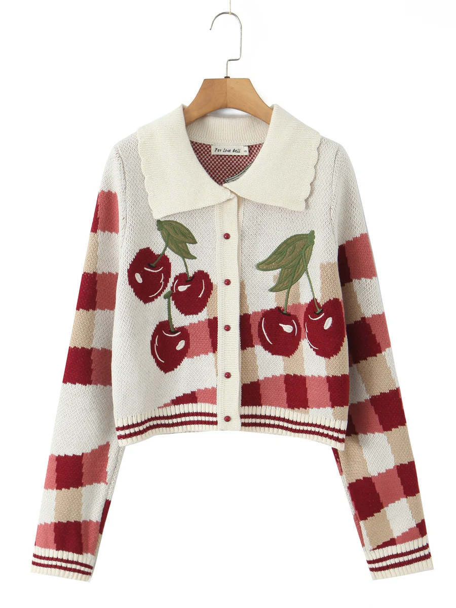 

American Retro Street Sle Knitted Cardigan ort Sve Long Collar Embroidered Cherry Slim Fit Women's Sweater