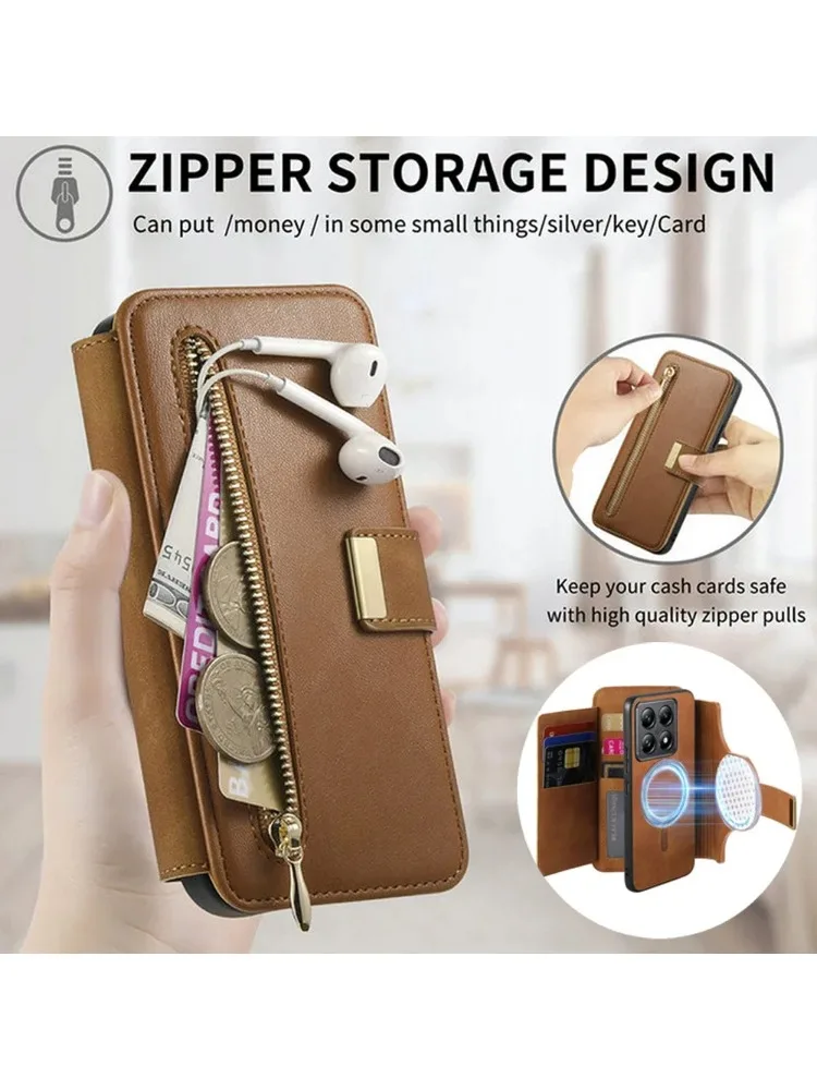 Etui z odpinanym portfelem na zamek, wykonane ze skóry, do modeli Xiaomi 17T, 15T, 14T, 13T Pro 5G. Luksusowe etui do Xiaomi 17T, Mi 13T, 14T, 15T, 15, etui 2 w 1. — zdjęcie produktu 7