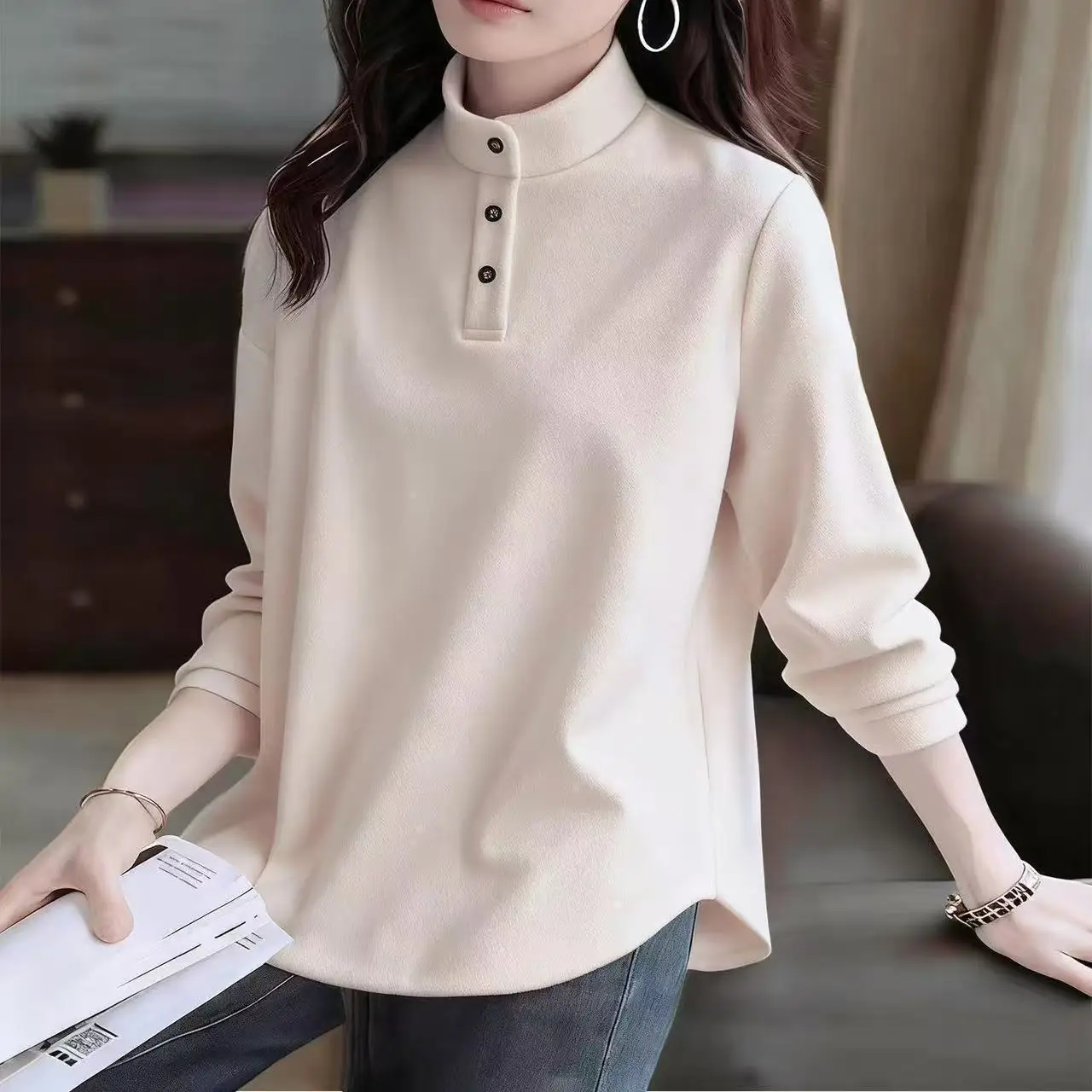 Red T-shirt Women's New Coat Spring Autumn 2026 Fashion Slim Pullover Ladies High Quality Stand-up Collar Female Tops
