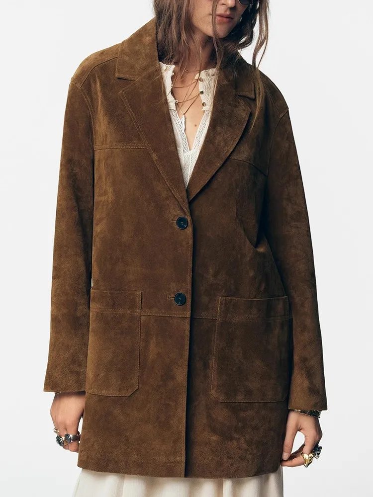 

Осень 2023, женский замшевый бархатный костюм, джет, свободный персональный корейский костюм для поездок на работу, длинный све, с узлом и кисточкой