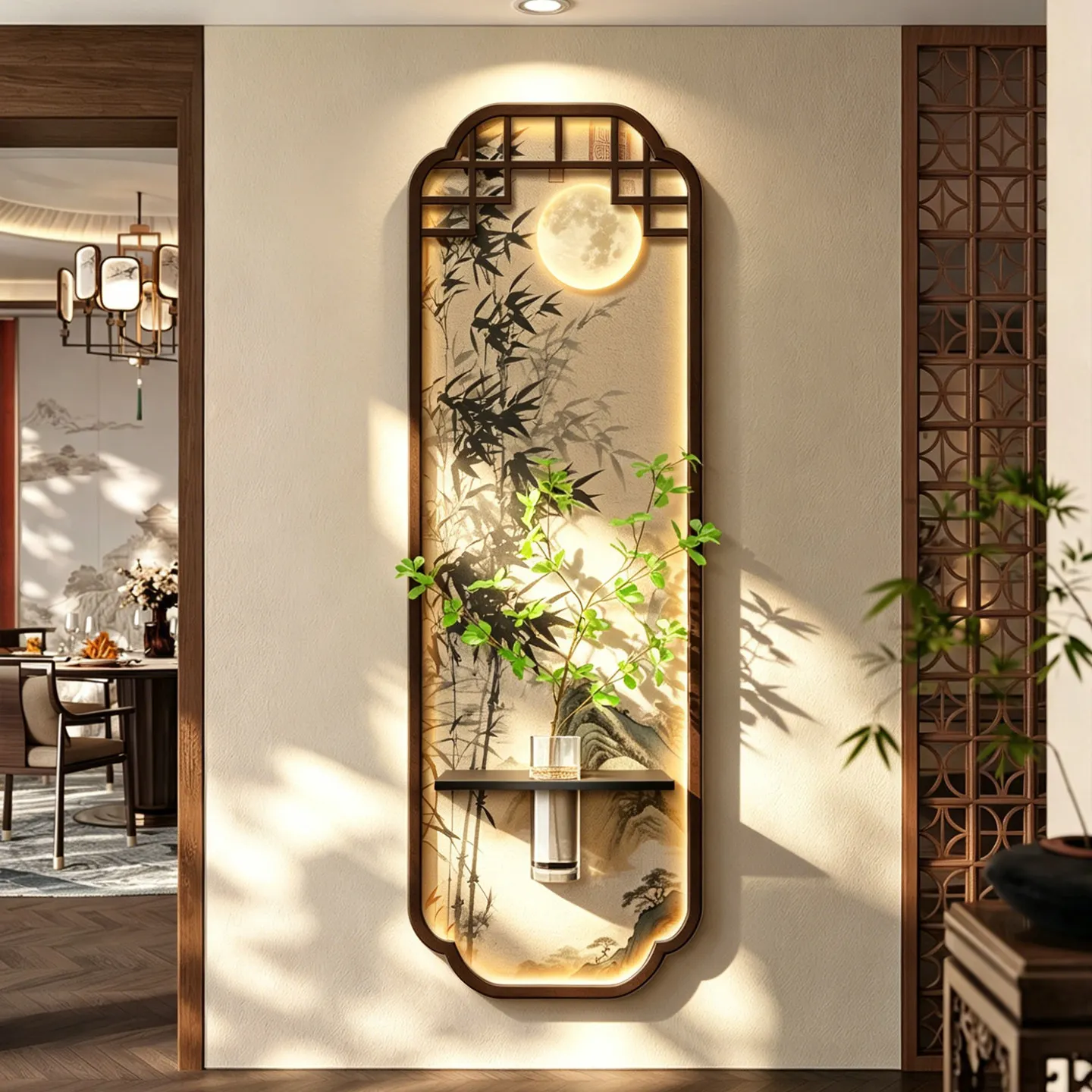 Chinese ancient style entrance decoration painting 2026 new entry wall hydroponic green plant hanging painting atmosphere light