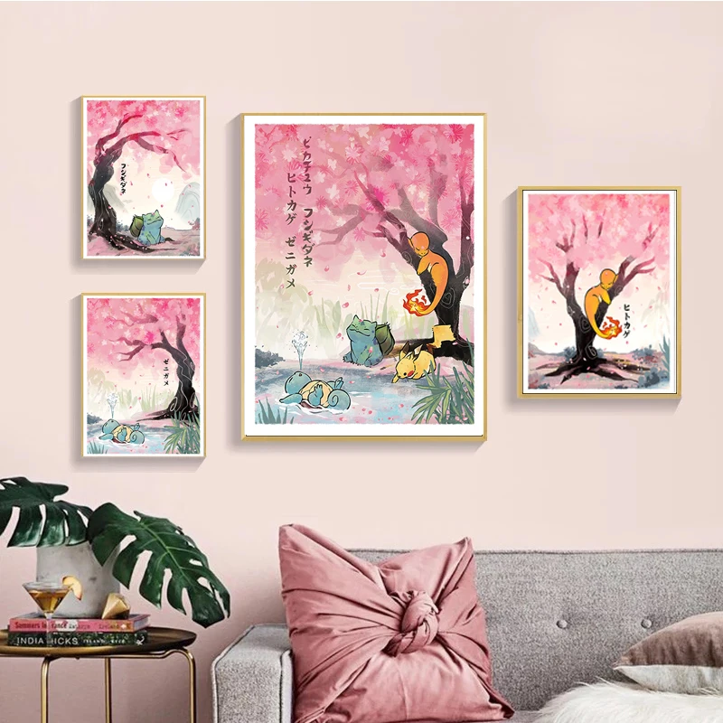 Pokemon Pink Sakura Poster Pikachu Bulbasaur Squirtle Charmander Canvas Painting Anime Figure Wall Art Prints Living Room Decor