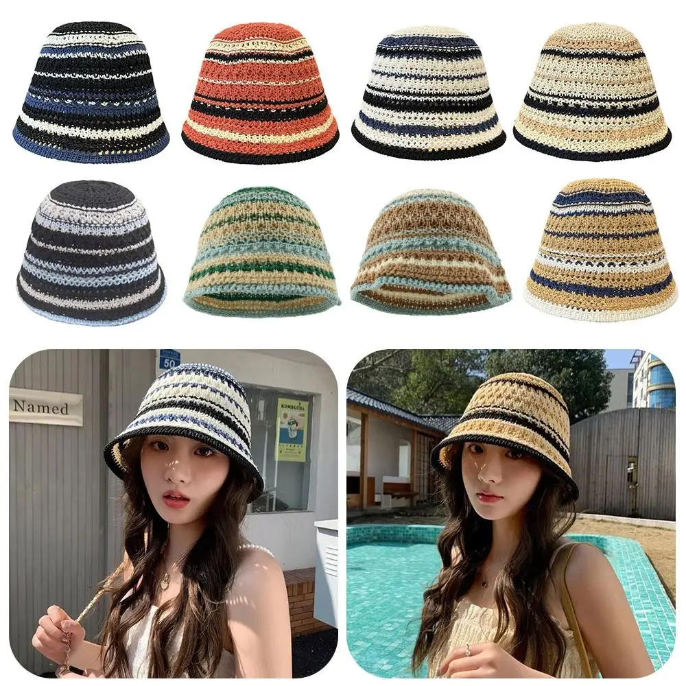 

Striped Knitted Hollow Fisherman Hat Big Eaves Breathable Crochet Bucket Hat Multicolor UV Protection Bucket Sun Hat Outdoor