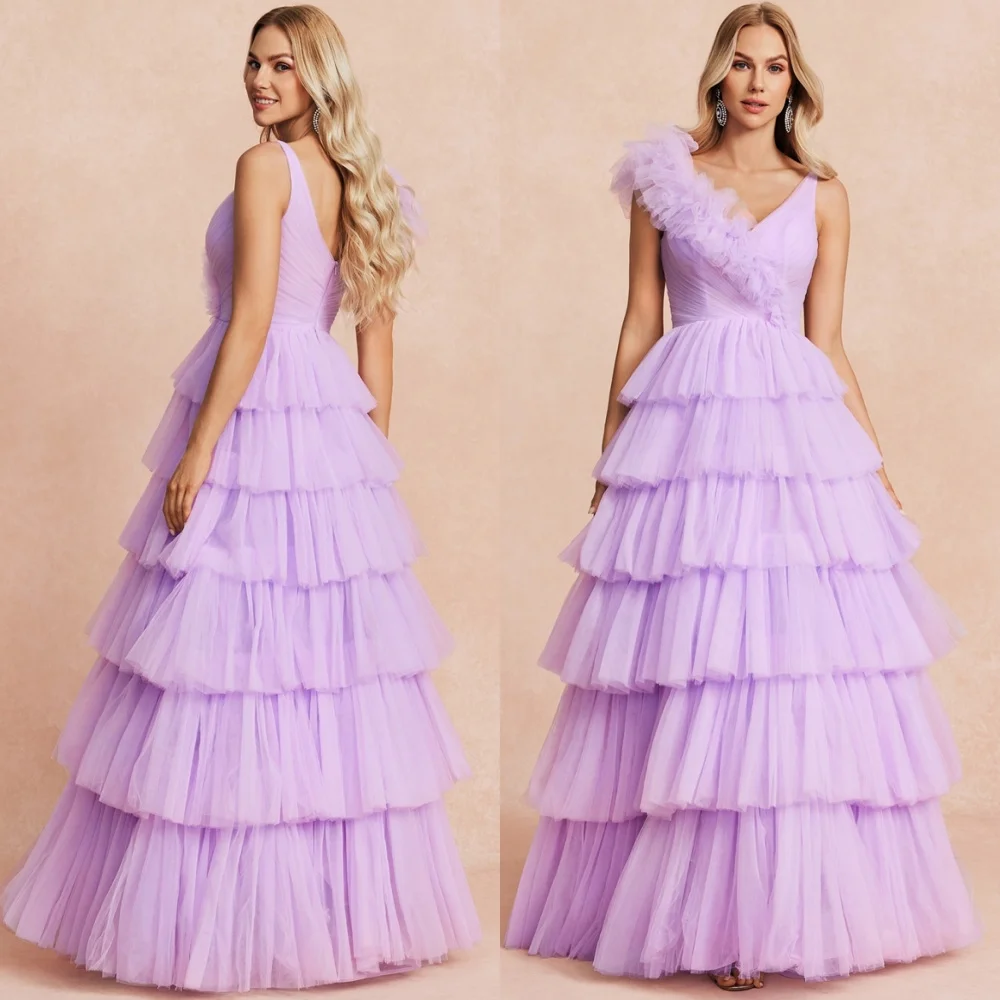 

Элегантные светло-фиолетовые вечерние платья из тюля по индивидуальному заказу, модные платья знаменитостей без рукавов с v-образным вырезом, блестящие платья для особых случаев