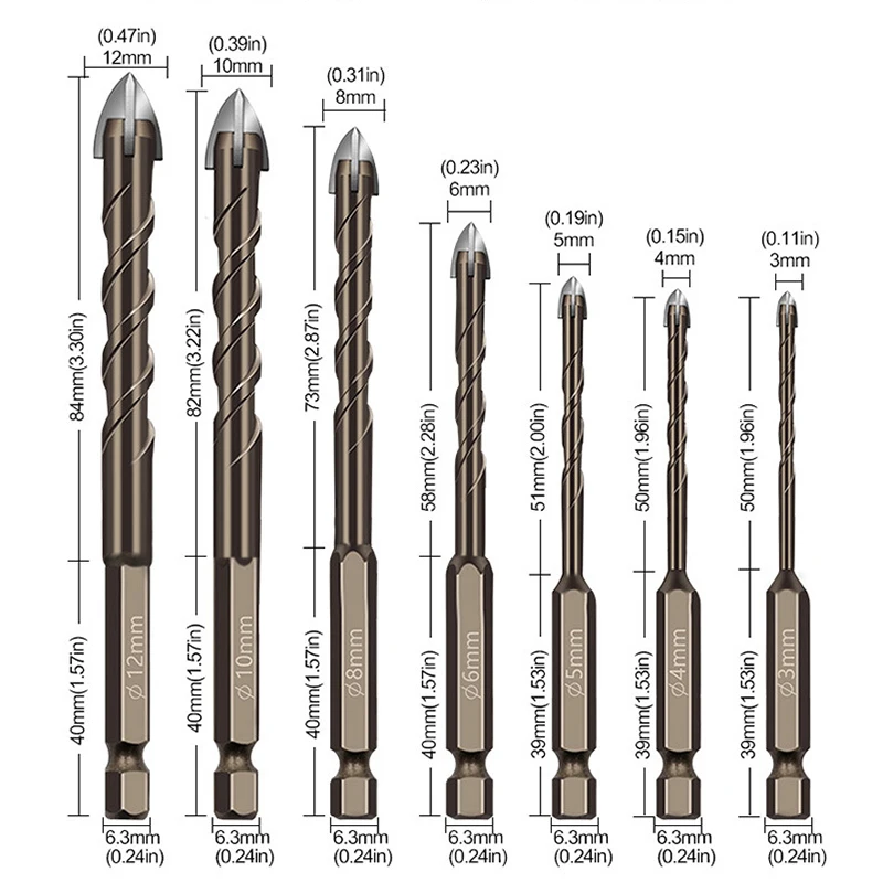 7pcs Copper Four Blade Cross Tungsten Steel Drill Bit Anti Slip Hexagonal Handle Drilling Drill Household Multifunctional