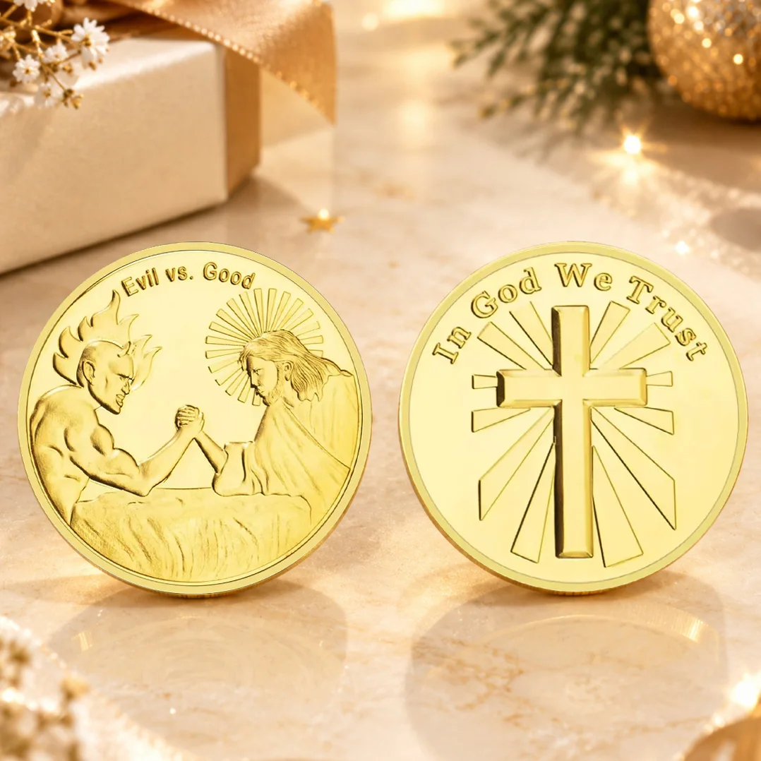 In God We Trust Iron Cross Souvenir Coin Evil VS Good Silver Golden Plated Commemorative Coin Home Decoration