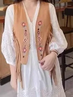 

Retro Suede Vest Cardigan Women's Street Sle Patchwork V-Ne Medium Warmth Single Button Closure Faionable Summer Jaet