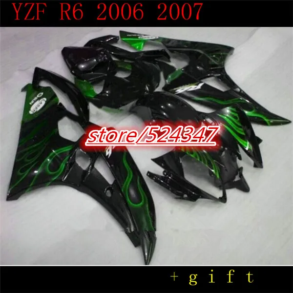 High quality bodywork for R6 fairing 2006 2007 green flame in black 06 07 YZF R6 fairings Motorcycle Accessories & Parts-Hey