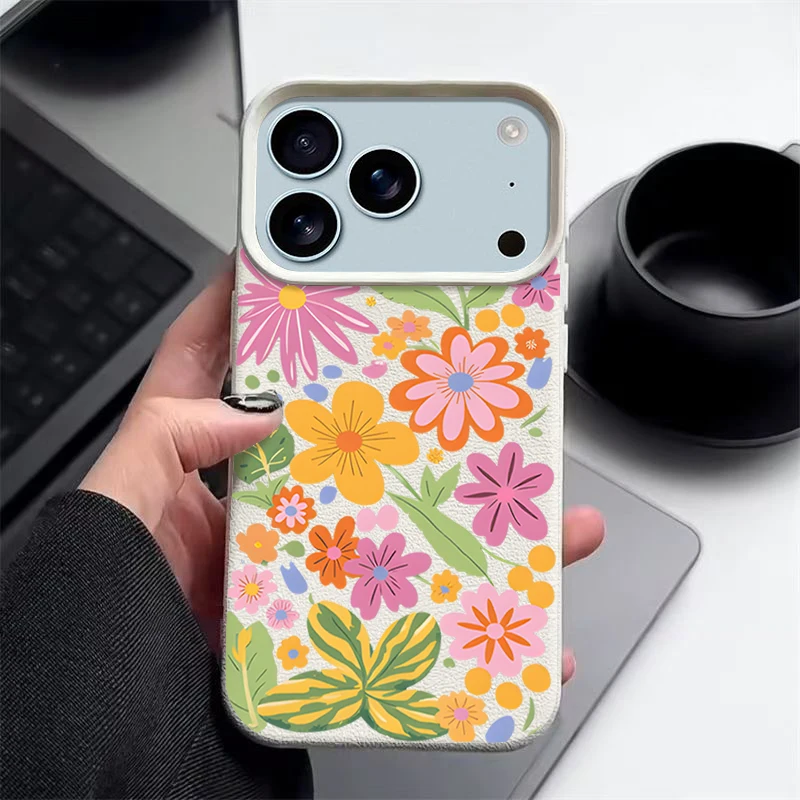 Soft Phone Case For iPhone Air 17 16 15 14 13 12 Pro Max 17 Pro 11 16e Cartoon Flowers Shockproof Leather Texture Silicone Cover